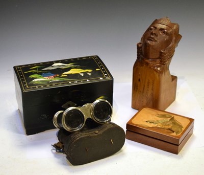 Lot 298 - Jockey Club of Paris cased field binoculars, two boxes, carved king