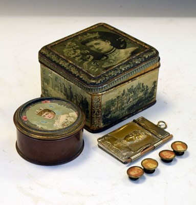 Lot 301 - Royal interest: Queen Alexandra decorative tin, circular box, collar studs, and aide-memoire, (4)