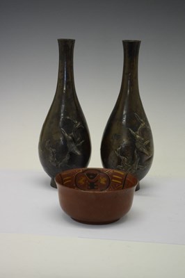 Lot 245 - Pair of Japanese bronze vases and lacquer bowl