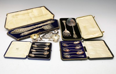 Lot 323 - Quantity of various plated serving sets, salts, etc