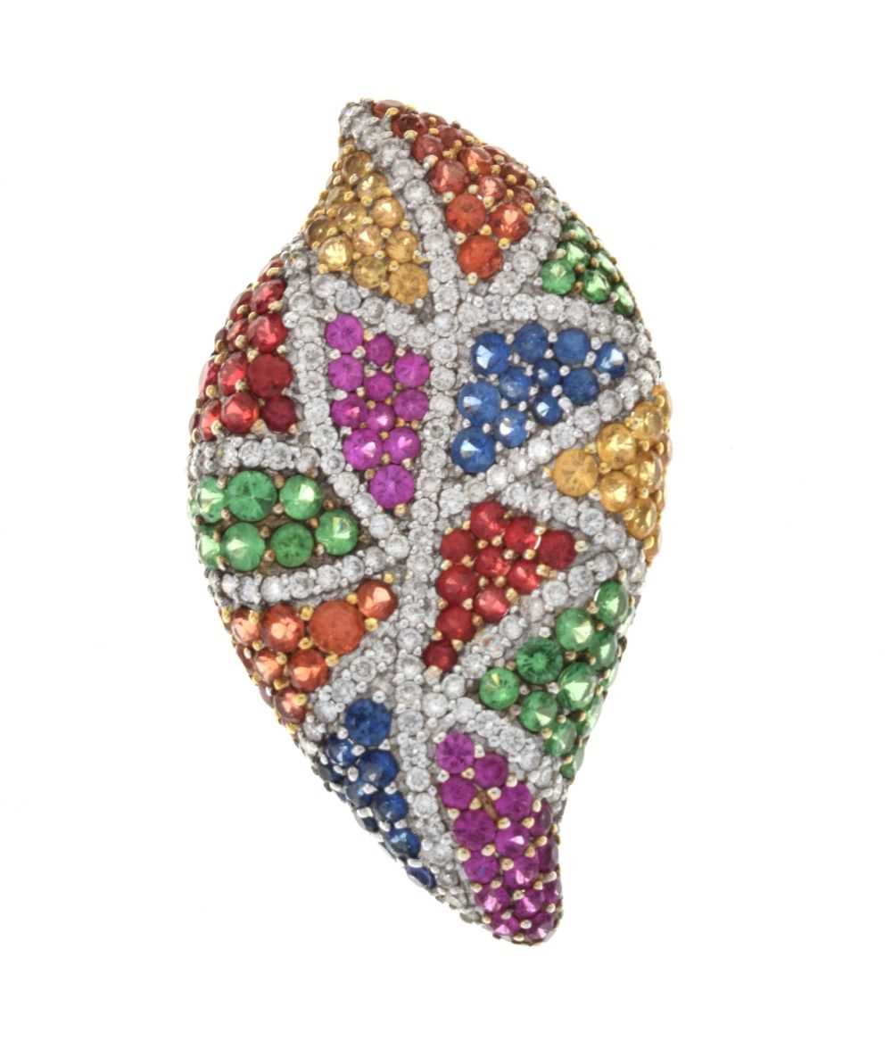 Lot 64 - Multigem and diamond set stylised leaf pendant