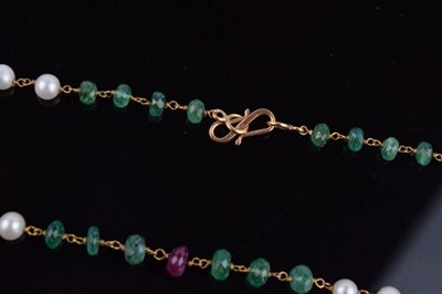 Lot 55 - Necklace of emerald, ruby and cultured pearls