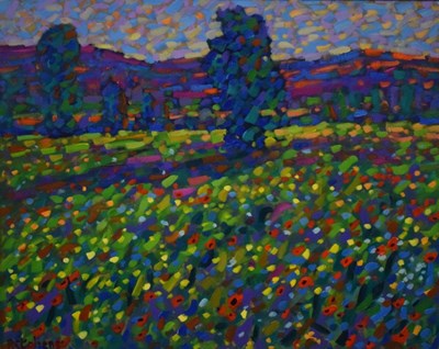 Lot 619 - Paul Stephens - Oil on board - 'Poppies, Somerset Levels'