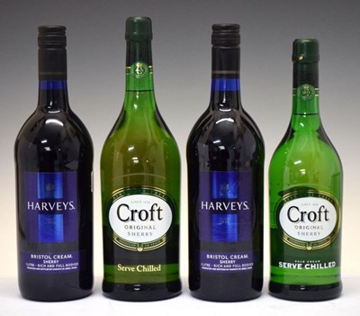 Lot 572 - Two 1 litre bottles of Harvey's Bristol Cream, 1 litre bottle of Croft Original Sherry etc