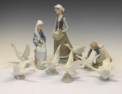 Lot 535 - Lladro 'Girl with Goose', 'Girl with Lilies Sitting', 'Wild Goose Chase' and five Geese