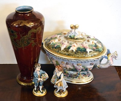 Lot 470 - Pair of Capodimonte figures, a Capodimonte tureen dish and cover together with