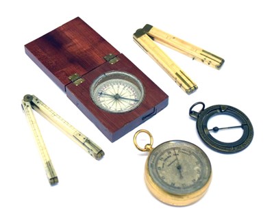 Lot 265 - Pocket barometer, together with an ivory ruler, wooden case compass etc