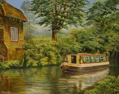 Lot 646 - Lawrence Gerke - Oil on board - Surrey canal scene