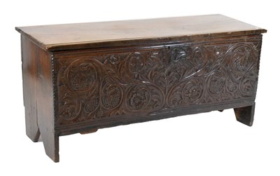 Lot 610 - 17th Century oak coffer with carved decoration