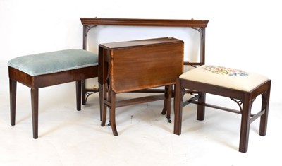 Lot 632 - Sutherland tea-table, two stools and wall shelves