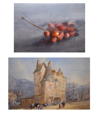 Lot 637 - A. Mumford - Still life watercolour - 'Crabapples' & watercolour of 'Horfleur'