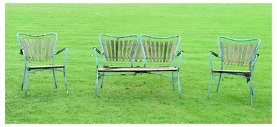 Lot 712 - Weathered wood and blue painted metal garden bench