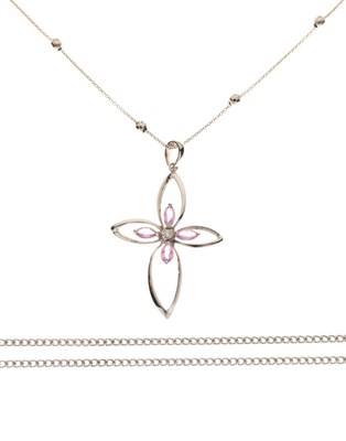 Lot 51 - Diamond and pink sapphire open work cross pendant
