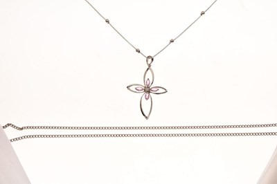 Lot 51 - Diamond and pink sapphire open work cross pendant