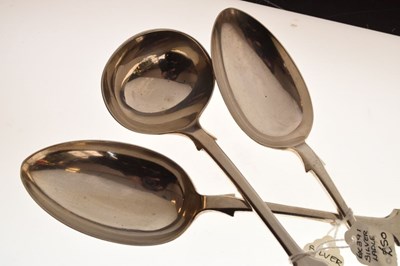 Lot 213 - Pair of Victorian tablespoons, and an Edward VII silver sauce ladle