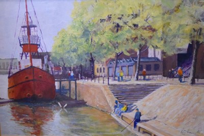 Lot 545 - Roy Hunt - Oil - Ship docked by the Arnolfini, Bristol Harbourside