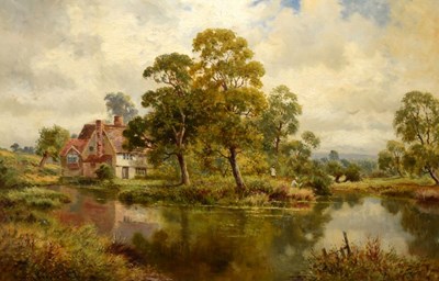 Lot 497 - Henry Cooper - Oil on canvas - Cottage beside a lake