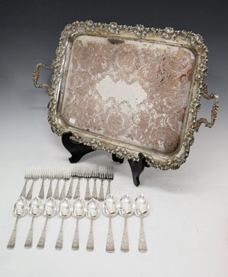 Lot 672 - Silver-plate on copper tray and a quantity of flatware