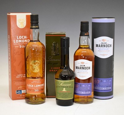 Lot 580 - Bottle of Loch Lomond 10 year whisky,  Glen Marnoch whisky, and a bottle of Somerset Cider Brandy