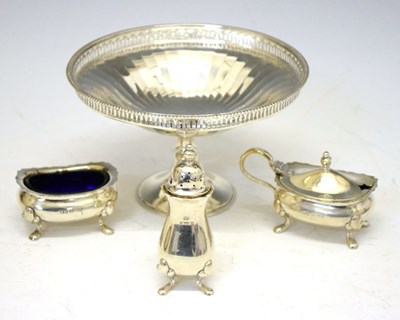 Lot 175 - George V silver pedestal dish together with an Elizabeth II three-piece condiment set
