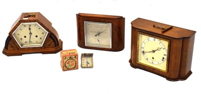 Lot 448 - Two Art Deco mantel clocks and barometer, and chrome alarm clock