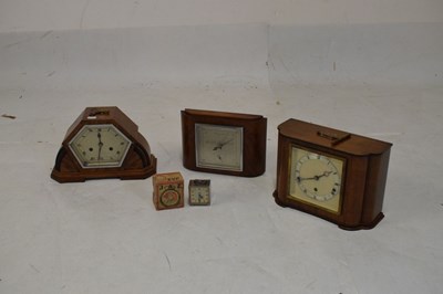 Lot 448 - Two Art Deco mantel clocks and barometer, and chrome alarm clock