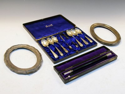 Lot 188 - Cased set of Victorian silver teaspoons and tongs, Edward VIII silver-mounted conductors baton, etc