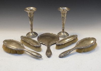 Lot 186 - George V silver five-piece dressing table set together with a pair of Indian white metal bud vases