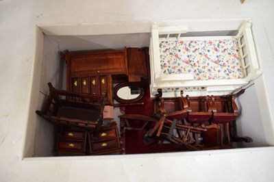 Lot 438 - Large wooden dolls house 66cm x 28cm x 86cm high, with accessories