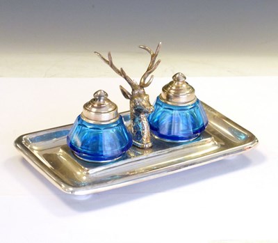 Lot 302 - Silver-plated desk stand with stag pen rest and turquoise ink bottles