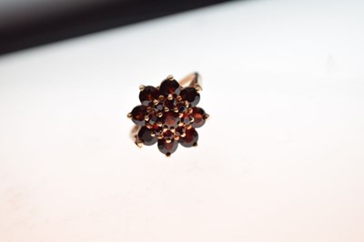 Lot 43 - 18ct ring (missing stones), red stone cluster ring, and bar brooch