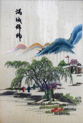 Lot 459 - Japanese silkwork panel with landscape decoration