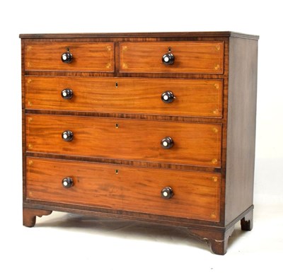 Lot 434 - Mahogany inlaid chest of two short and three long drawers