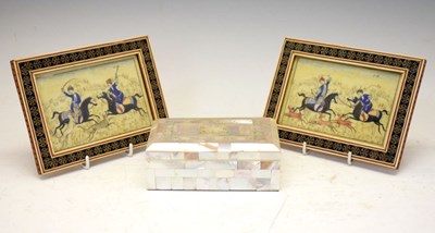 Lot 306 - Pair of Indian hunting scenes (8cm x 13cm), together with a mother-of-pearl veneered table top