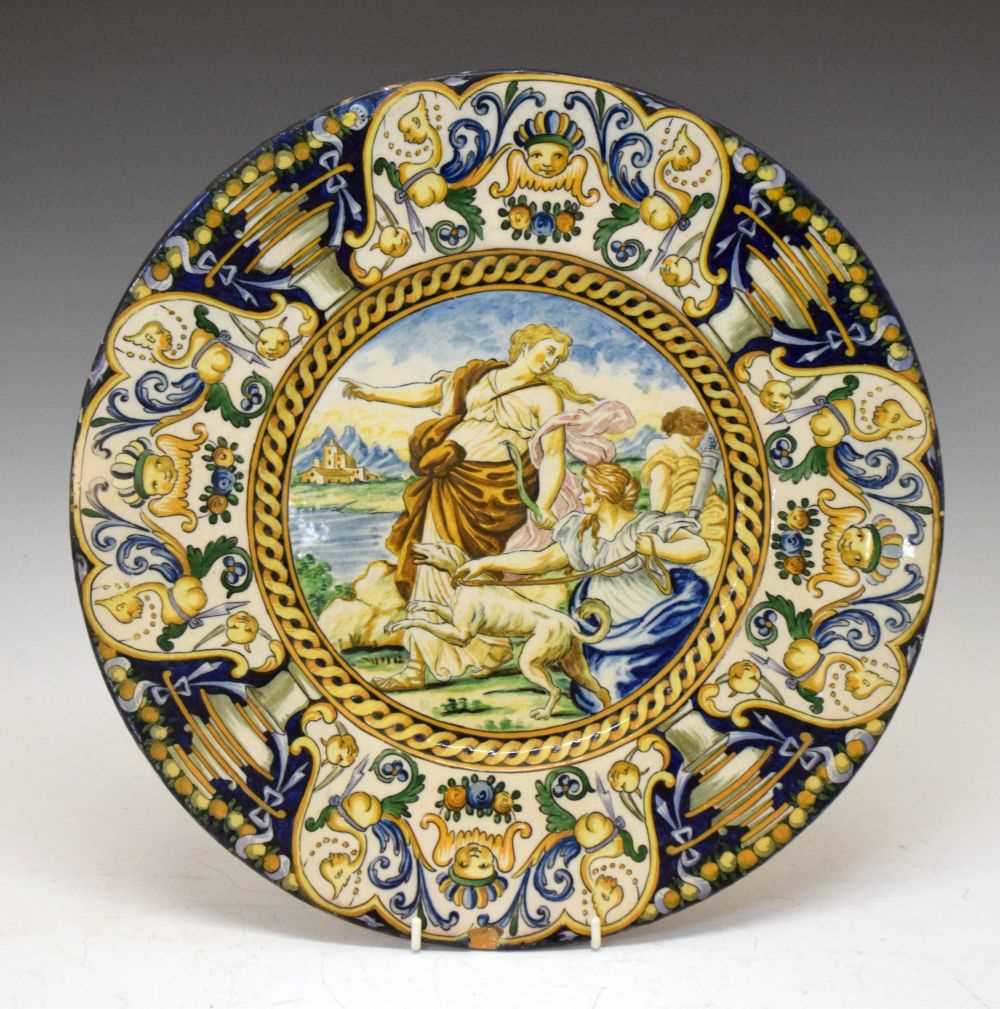 Lot 299 - Large Italian maiolica charger, Diana and attendants