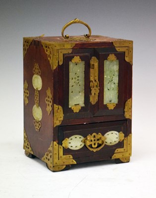 Lot 232 - 20th Century Chinese hardwood jewellery box with  jadeite panels