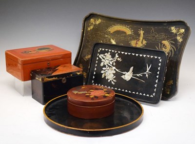 Lot 217 - Quantity of Chinese black lacquered trays, boxes etc