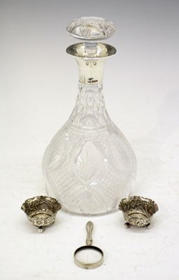 Lot 174 - George V silver mounted cut glass decanter, pair salts, and a silver-handled magnifying glass