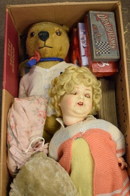 Lot 325 - Quantity of vintage toys to include; composite headed doll, mohair bears and rabbit, etc.