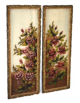 Lot 574 - Pair flower paintings on glass