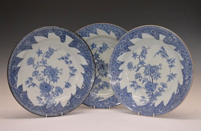 Lot 225 - Set of three Chinese blue and white chargers with foliate design centres