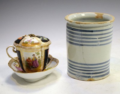 Lot 253 - Dresden cup, saucer and cover and faience pot (A/F)