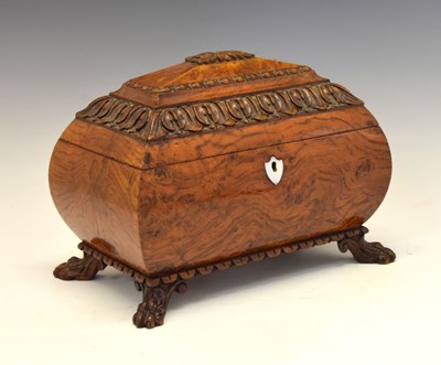 Lot 214 - Early Victorian carved pollard (burr) oak tea caddy