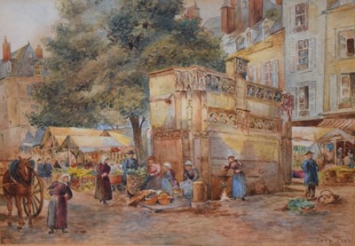 Lot 405 - Lena Cook - Watercolour - Continental market square scene