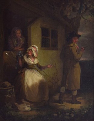 Lot 325 - 19th Century oil on canvas, Figures at Cottage Door