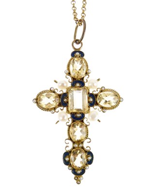 Lot 48 - Percossi Papi, Italy  - Topaz, cultured pearl and enamel cross pendant