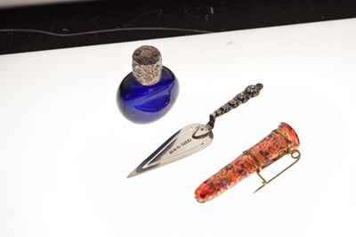 Lot 218 - Silver trowel bookmark, scent bottle and buttonhole holder