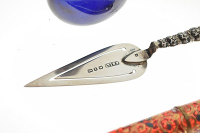 Lot 218 - Silver trowel bookmark, scent bottle and buttonhole holder