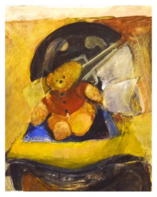 Lot 398 - Audrey Lewis-Hopkins - Oil on board - Still life with Teddy Bear