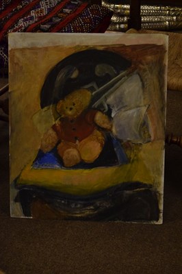 Lot 398 - Audrey Lewis-Hopkins - Oil on board - Still life with Teddy Bear